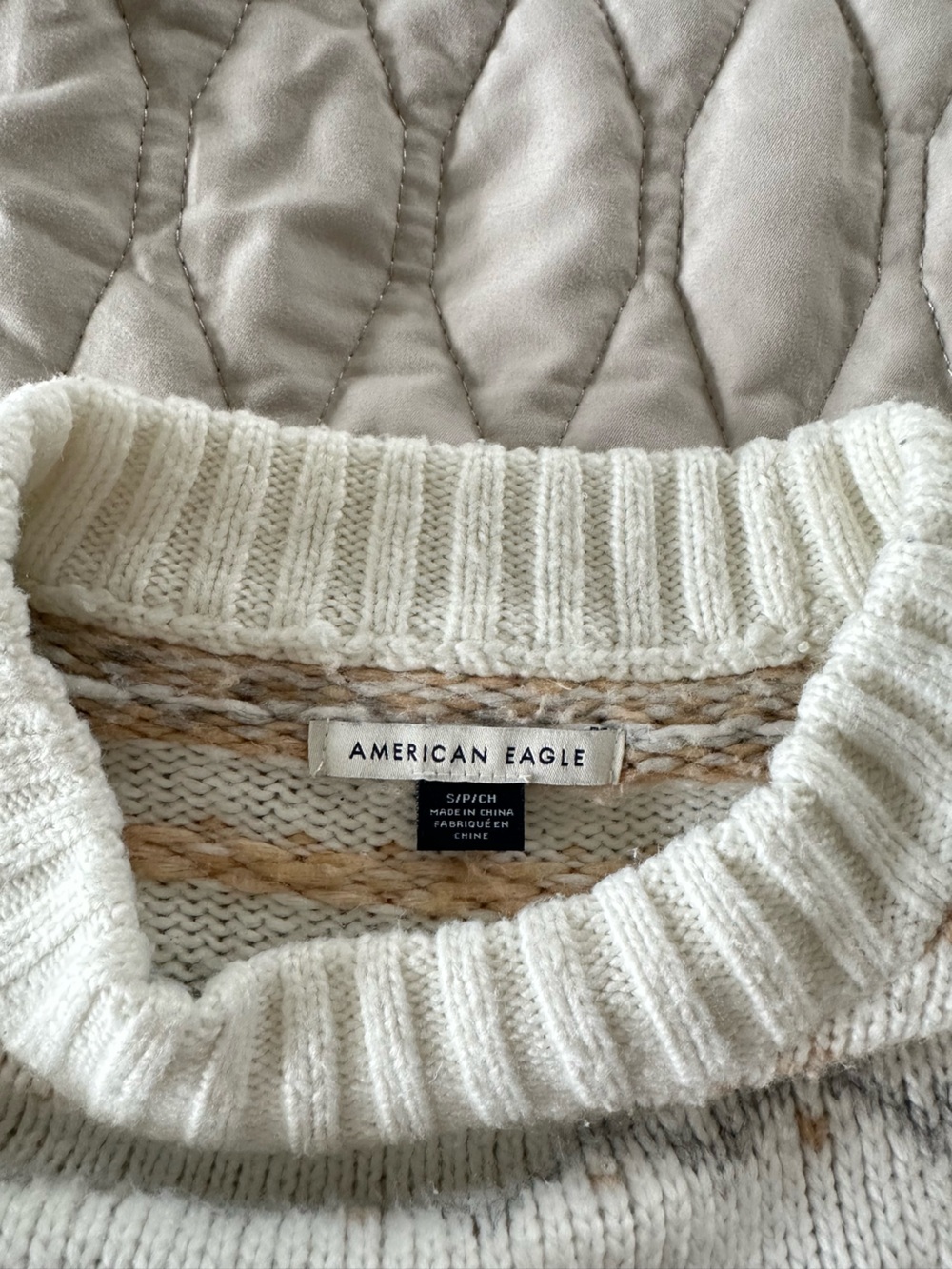 AE Cottagecore Fair Isle Pattern Knit Pullover Sweater Cream Tan Boho Oversized - Picture 4 of 8